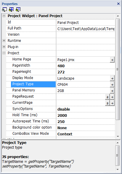 Project panel properties